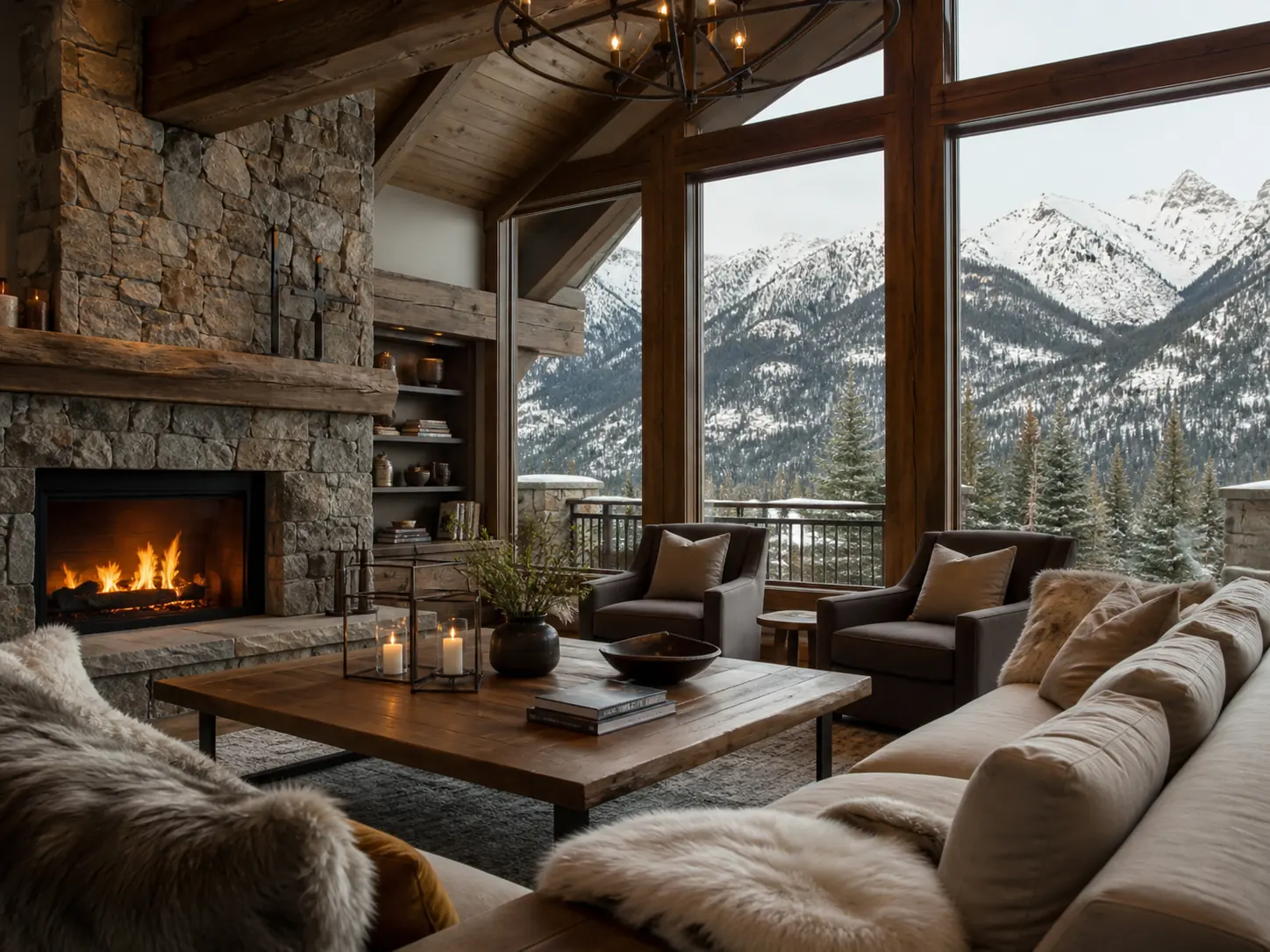 Hôtel de montagne ouvert sur des sommets enneigés, visuel d’ambiance