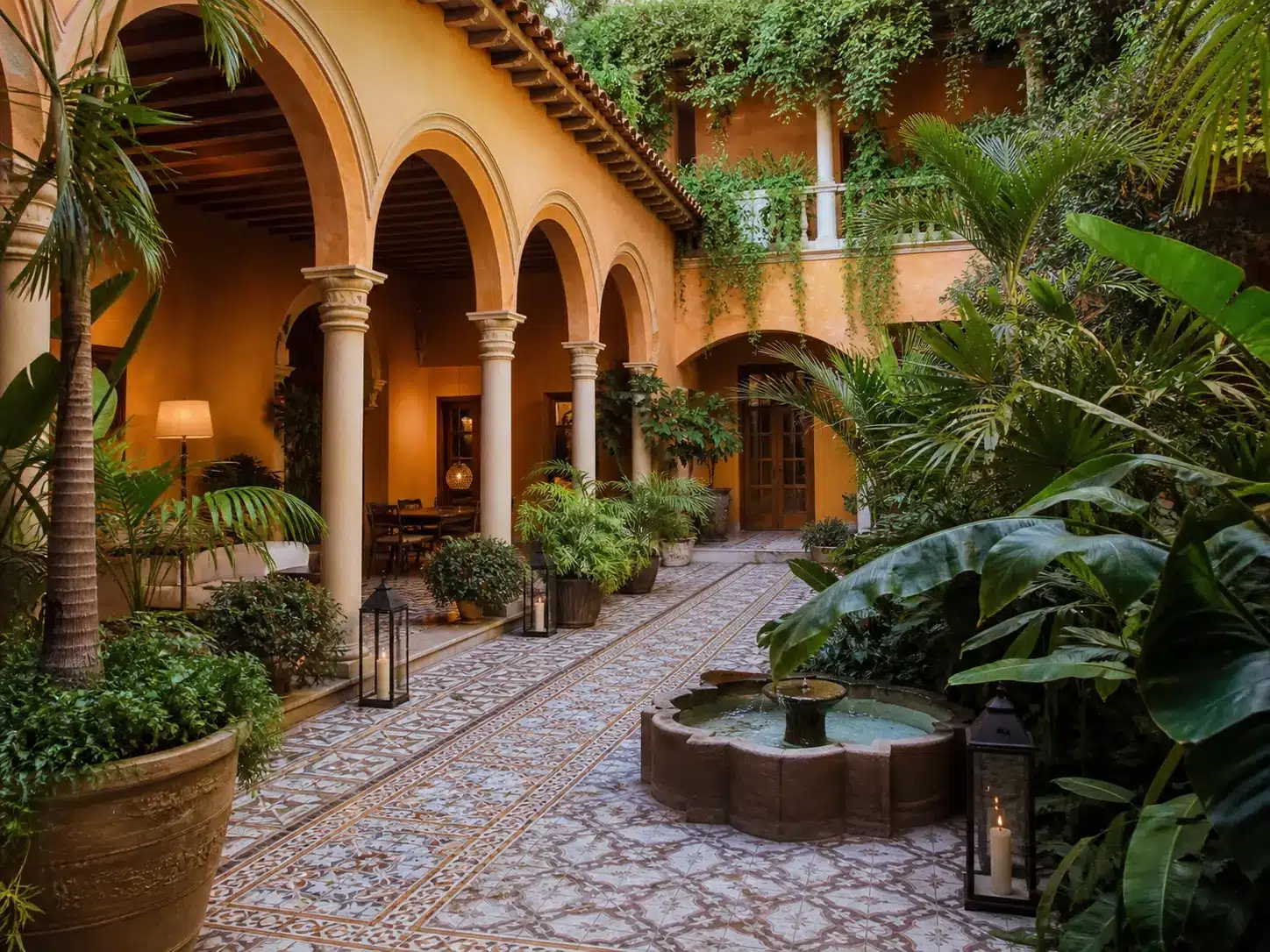 Cour de boutique-hôtel aux arcades coloniales, visuel d’ambiance
